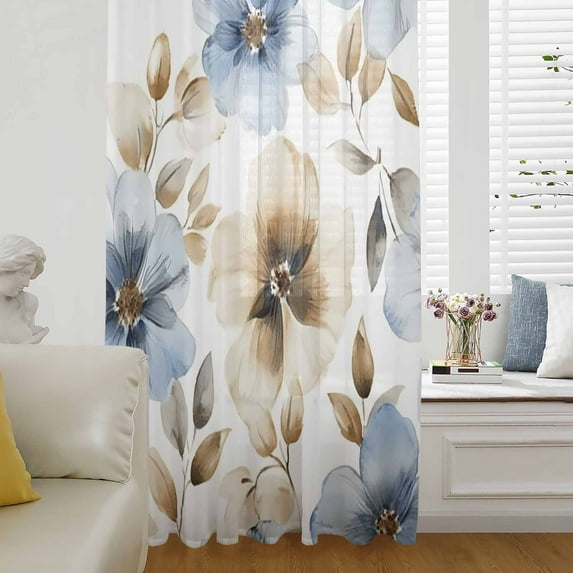 Blue Brown Spring Floral Semi Sheer Curtains Drapes for Living Room, Bedroom, French Doors Window 84 Inches Long, Summer Botanical Watercolor Rod Pocket Chiffon Curtain Drapery Voile Draperies Panel