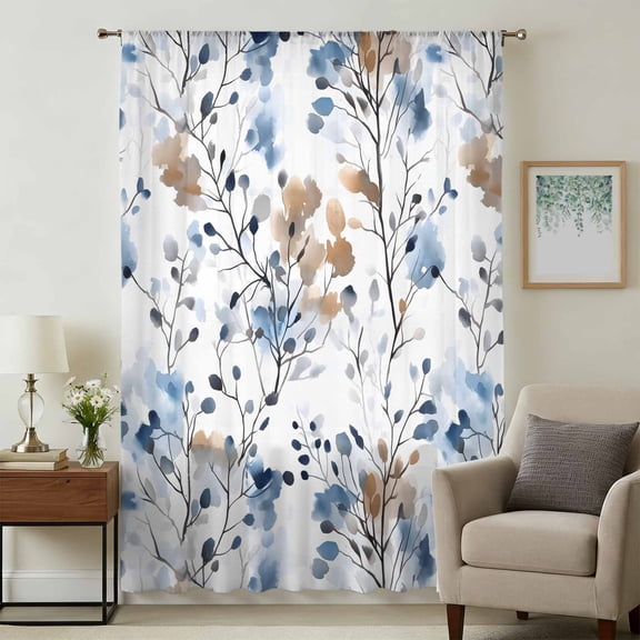 Blue Brown Spring Floral Sheer Curtains 45 Inches Long, Summer Botanical Art Light Filering Curtains, Breathable Simi Curtain Privacy Drapes for Kitchen Bathroom Lightweight Small Window Treatment