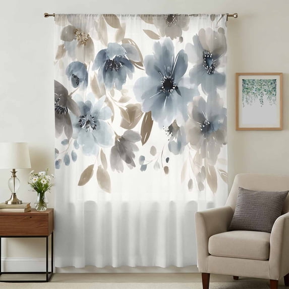 Blue Brown Spring Floral Sheer Curtains 54 Inches Long, Summer Botanical Light Filering Curtains, Breathable Simi Curtain Privacy Drapes for Kitchen Bathroom Lightweight Small Window Treatment