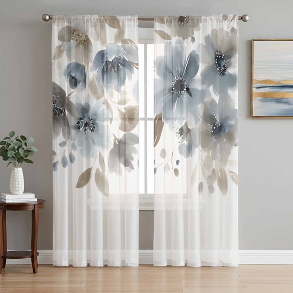 Blue Brown Spring Floral Sheer Curtains 72 Inch Length 2 Panels Set, Watercolor Summer Botanical Voile Window Treatment Rod Pocket Curtains Sheers Drapes for Bedroom/Living Room/Kitchen 52"x72"x2