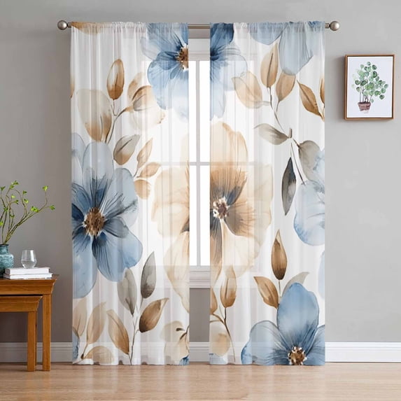 Blue Brown Spring Floral Sheer Curtains 84 Inch Length 2 Panels Set for Living Room/Bedroom, Summer Botanical Watercolor Curtain Sheers Drapes Rod Pocket Curtains Window Treatment Set 52''x84''x2