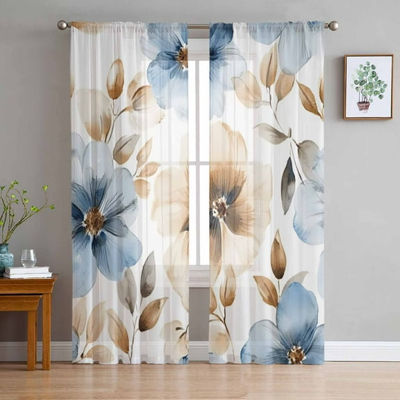 Blue Brown Spring Floral Sheer Curtains 84 Inches Long 2 Panels Set, Window Sheer Curtains for Living Room/Bedroom, Summer Botanical Watercolor Light Filtering Rod Pocket Curtain 52'' x 84'' x 2