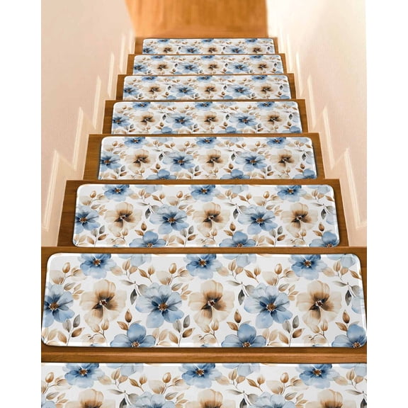 Blue Brown Spring Floral Stair Treads for Wooden Steps Indoor Runner Rug Carpet, Summer Botanical Watercolor 4 Pieces Peel and Stick Staircase Step Treads Covers Washable Throw Door Mats, 30"x8"