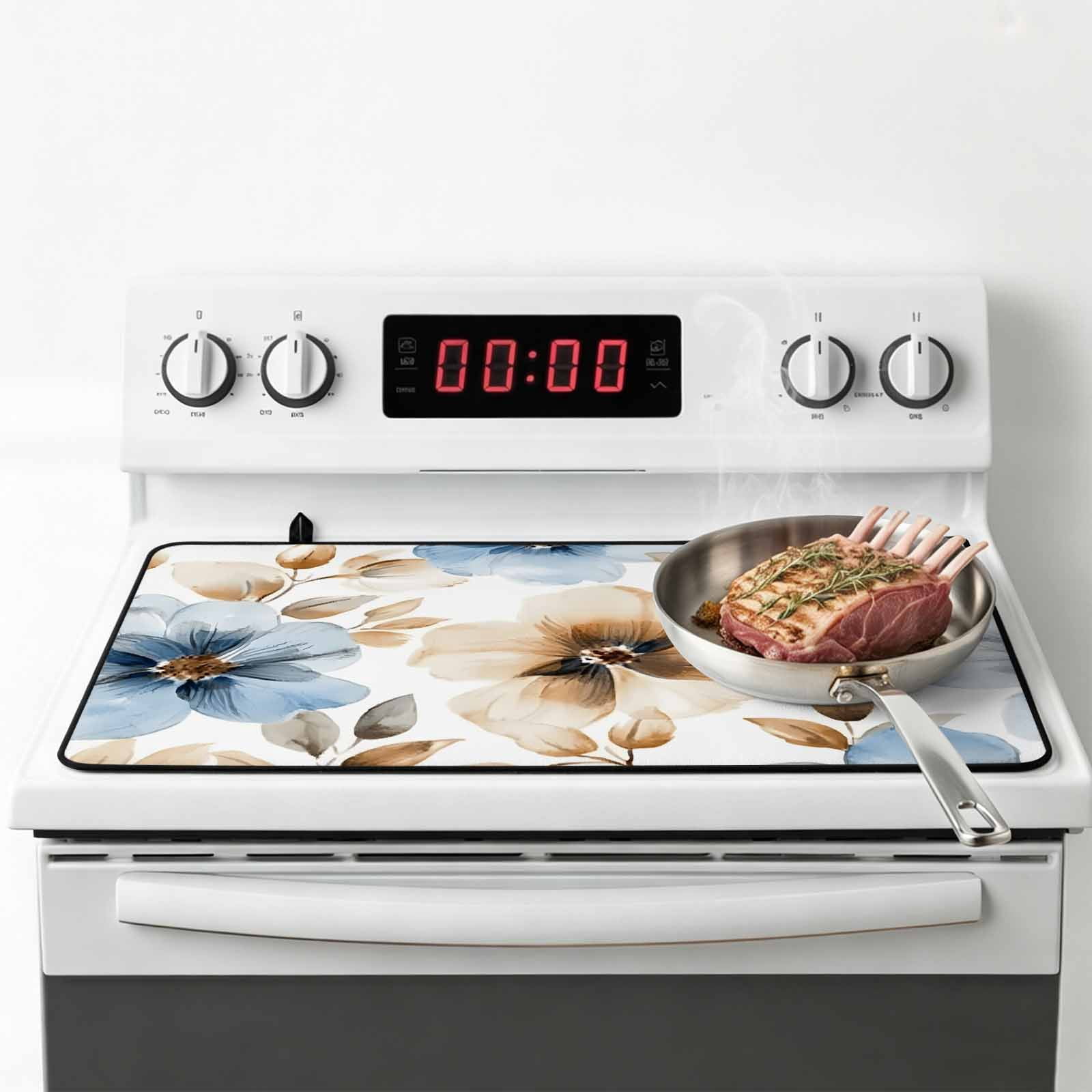 Blue Brown Spring Floral Stove Top Cover for Electric Stove, Heat-proof & Non Slip Glass Top Stove Cover Protector, Summer Botanical Watercolor Kitchen Flat Cooktop Rubber Mat 24x21 Inches