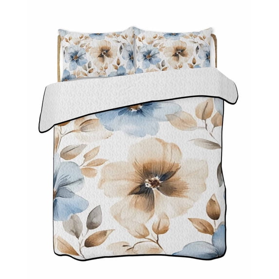 Blue Brown Spring Floral Summer Quilt Set Twin Size, Soft Microfiber Quilted Bedding Set with 2 Pillow Shams, Summer Botanical Watercolor Lightweight All Season Bedspread Coverlet for Bedroom 68"x86"