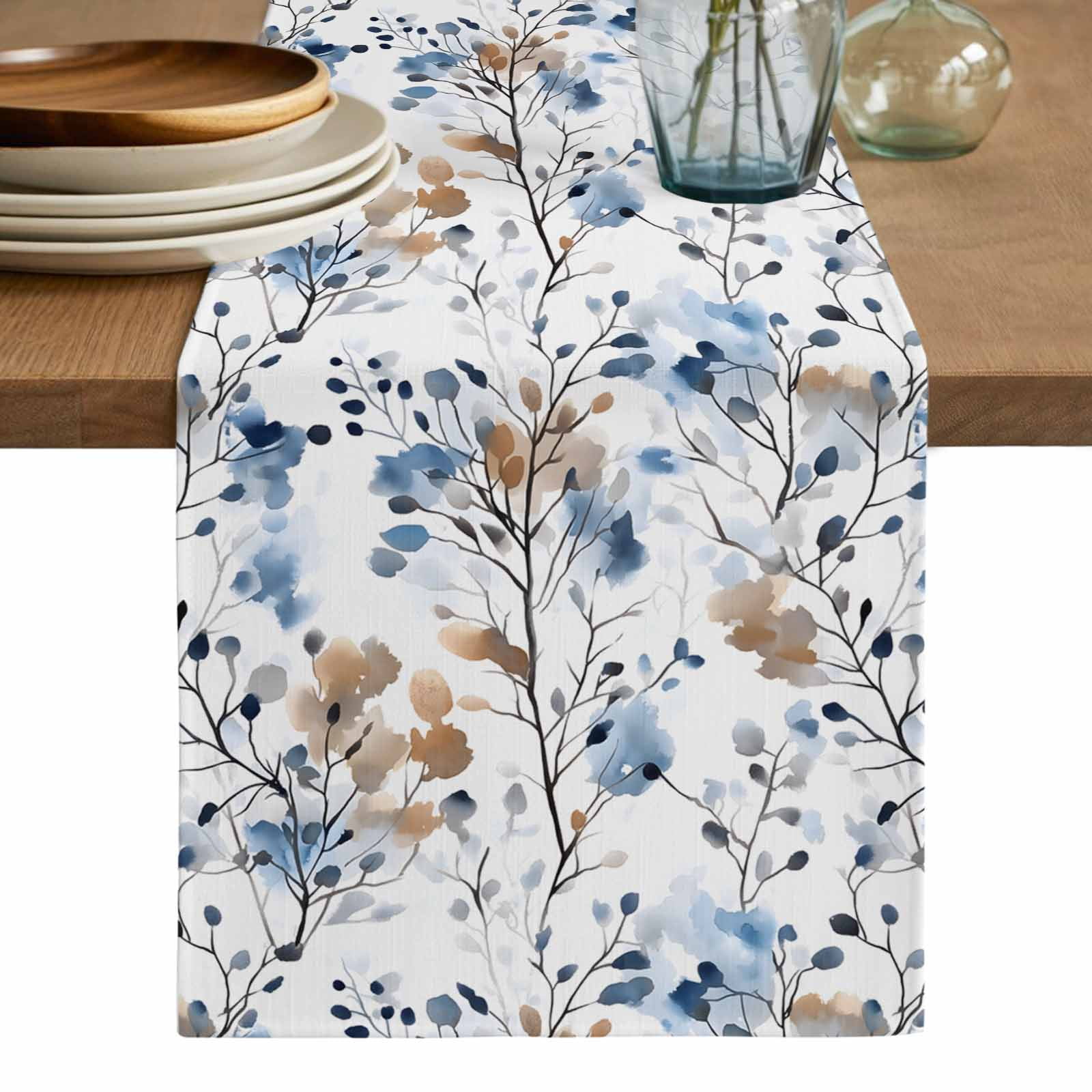 Blue Brown Spring Floral Table Runner, Summer Botanical Art Washable Cotton Linen Table Runners 90 Inches Long, Dresser Scarf Runner for Dining/Coffee/Kitchen/Hallway Tables 13''x90''