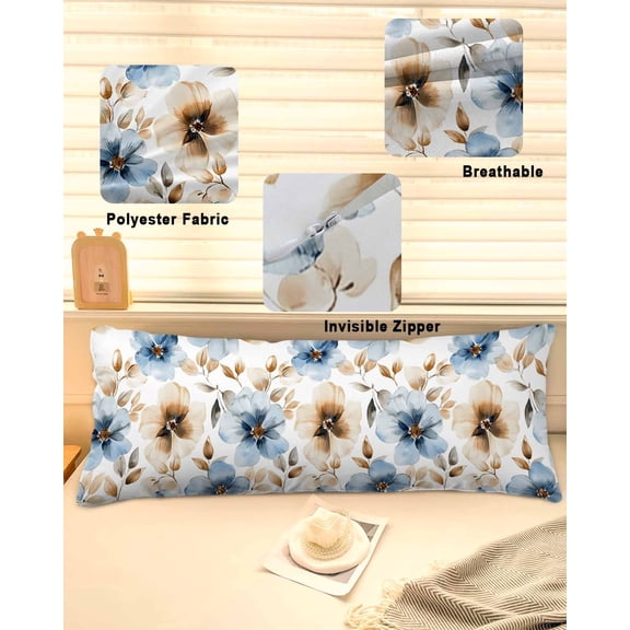 Blue Brown Spring Floral Throw Pillow Covers, Summer Botanical Watercolor Soft Breathable Pillow Cases with Invisible Zipper for Sleeping, Long Body Pillowcases for Couch Bed Sofa Chair 20x60 Inches