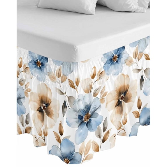 Blue Brown Spring Floral Wrap Around Bed Skirts for King Bed 16" Drop,Bed Skirt with Adjustable Elastic Belt Dust Ruffle Bed Valance for Bedroom Hotel Summer Botanical Watercolor Bed Frame Cover