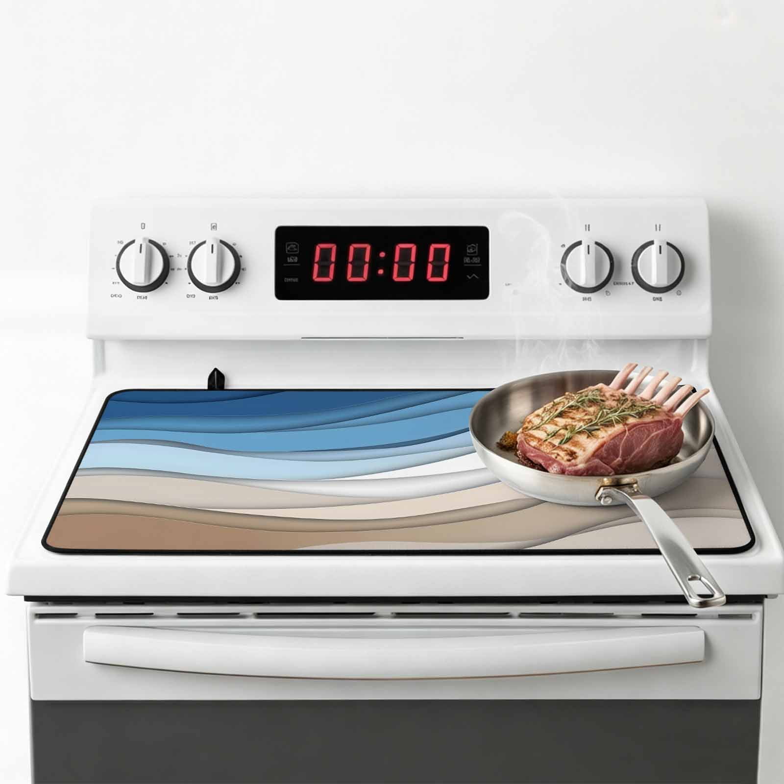 Blue Brown Stove Top Cover for Electric Stove, Heat-proof & Non Slip Glass Top Stove Cover Protector, Gradient Geometric White Water Stripes Modern Kitchen Flat Cooktop Rubber Mat 28.5x20.5 Inches