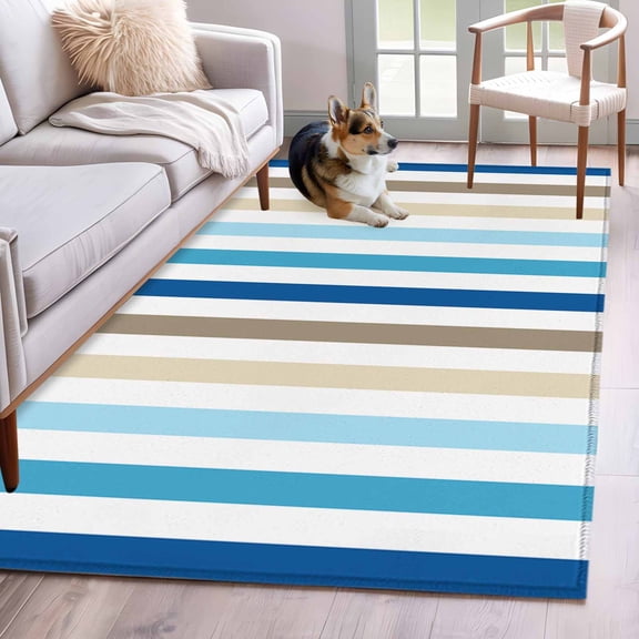 Blue Brown Stripe Area Rug 4x6 Washable Rug Non Slip Ombre Geometric Vertical Striped Large Area Rug Indoor Floor Carpet for Entryway Bedroom Kitchen Living Room Home Office Dining Room Nursery
