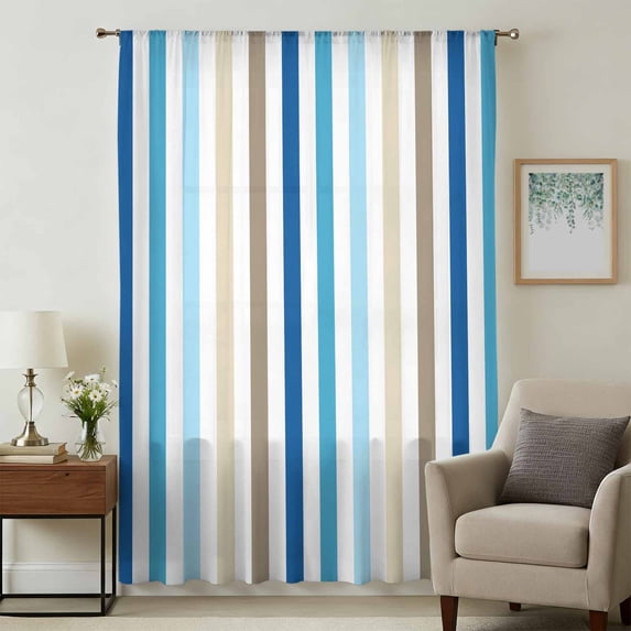 Blue Brown Stripe Sheer Curtains 45 Inches Long, Ombre Geometric Vertical Striped Light Filering Curtains, Breathable Simi Curtain Privacy Drapes for Kitchen Bathroom Small Window Treatment