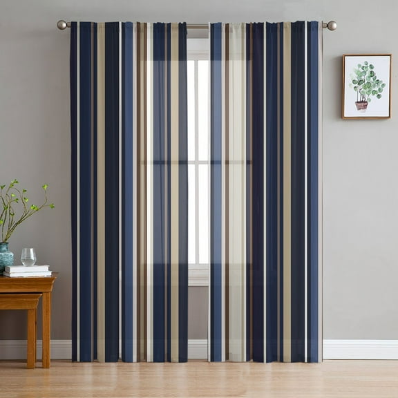 Blue Brown Stripe Sheer Curtains 72 Inches Long 2 Panels Set, Window Sheer Curtains for Living Room/Bedroom, Farmhouse Modern Vertical Striped Light Filtering Rod Pocket Curtain 52'' x 72'' x 2