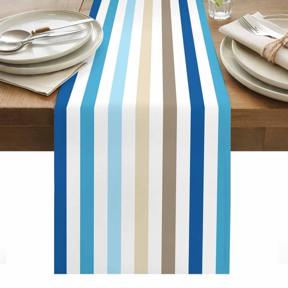 Blue Brown Stripe Table Runner - 72 Inch Long, Kitchen Dining Table Runner Dresser Scarves, Ombre Geometric Vertical Striped Farmhouse Decor for Coffee Tables Wedding Party Banquet