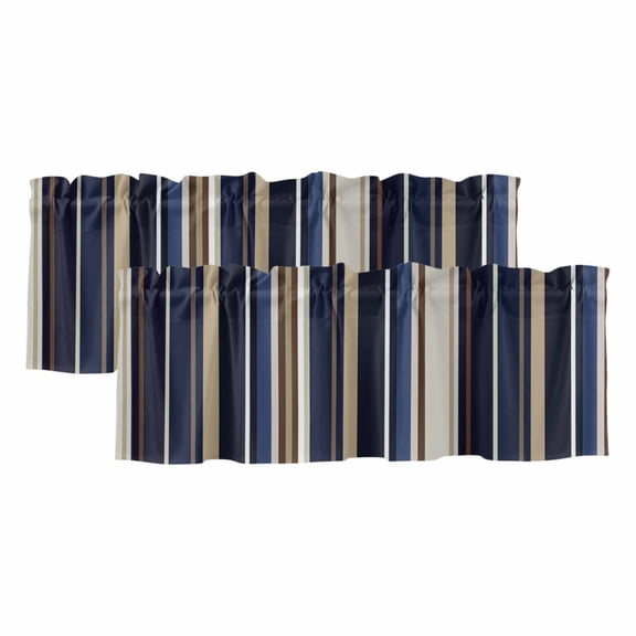 Blue Brown Stripe Window Valance, Farmhouse Modern Vertical Striped 2 Pack Decorative Curtain for Small Windows, Light Filtering Valance with 3” Rod Pocket, 42"W x 12"L