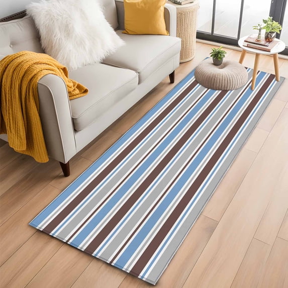 Blue Brown Striped 2'x6' Runner Rugs for Hallway Kitchen Bedside Non Slip Washable, Farmhouse Stripes Modern Abstract Art Entryway Rug Runners with Rubber Backing, Long Carpet Runner for Laundry Room