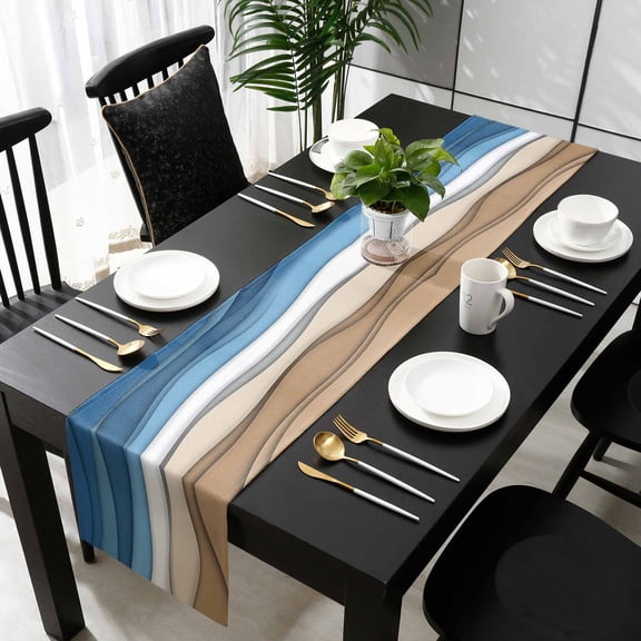 Blue Brown Striped Cotton Linen Long Table Runner 13 x 108 inch Modern Gradient Abstract Waves Non-slip Rectangular Dining Table Decor for Wedding Party Holiday Dinner