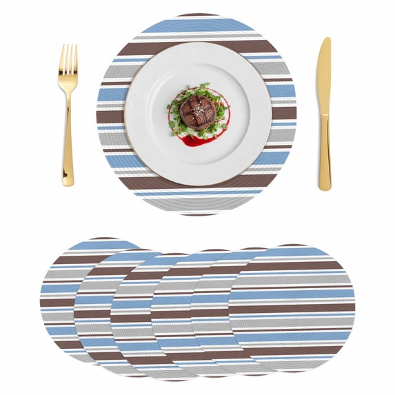 Blue Brown Striped Round 15 Inch Placemats Set of 6, Farmhouse Stripes Modern Abstract Art HeatResistant Non Slip Place Mats for Dining Table, Wipeable Braided Kitchen Table Mats for Housewarming