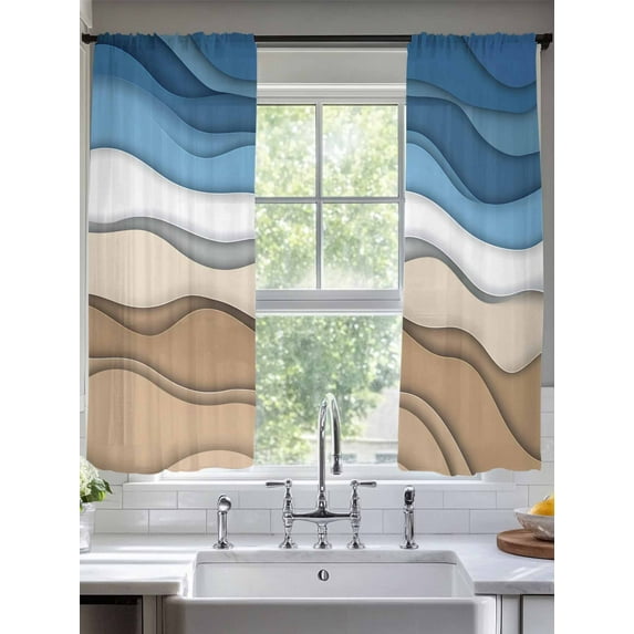 Blue Brown Striped Sheer Curtains for Living Room Bedroom Modern Gradient Abstract Waves Sheer Curtains 72 Inch Long 2 Panels Set Light Filtering Curtain Window Treatments Drapes for Dining Room