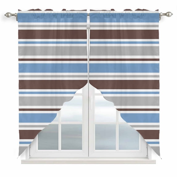 Blue Brown Striped Swag Valances for Windows, Kitchen Curtains 36 Inch Length 2 Panels Set, Farmhouse Stripes Modern Abstract Art Short Curtains for Small Windows Rod Pocket Cafe Curtains 28"x36"