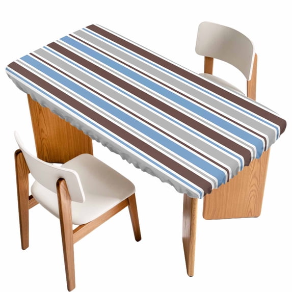 Blue Brown Striped Table Cloths for 6 Foot Rectangle Tables, Farmhouse Stripes Modern Abstract Art Patio Waterproof Elastic Fitted Tablecloths, Washable Rectangular Table Cover for Camping