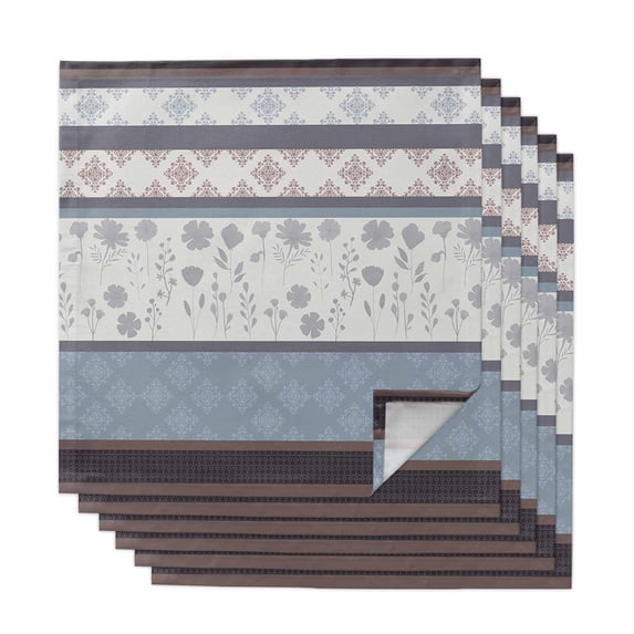 Blue Brown Stripes Cloth Napkins, Abstract Geometric Spring Flowers Country Washable and Reusable Dinner Napkins Set of 6, Table Napkin for Kitchen Party Birthday Wedding Hotel Housewarming 20"x20"