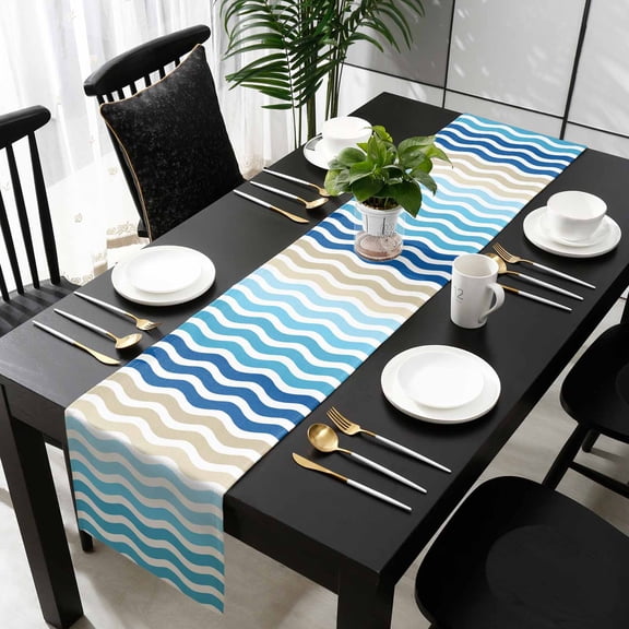 Blue Brown Stripes Cotton Linen Long Table Runner 13 x 108 inch Abstract Geometric Ombre Wave Stripe Non-slip Rectangular Dining Table Decor for Wedding Party Holiday Dinner