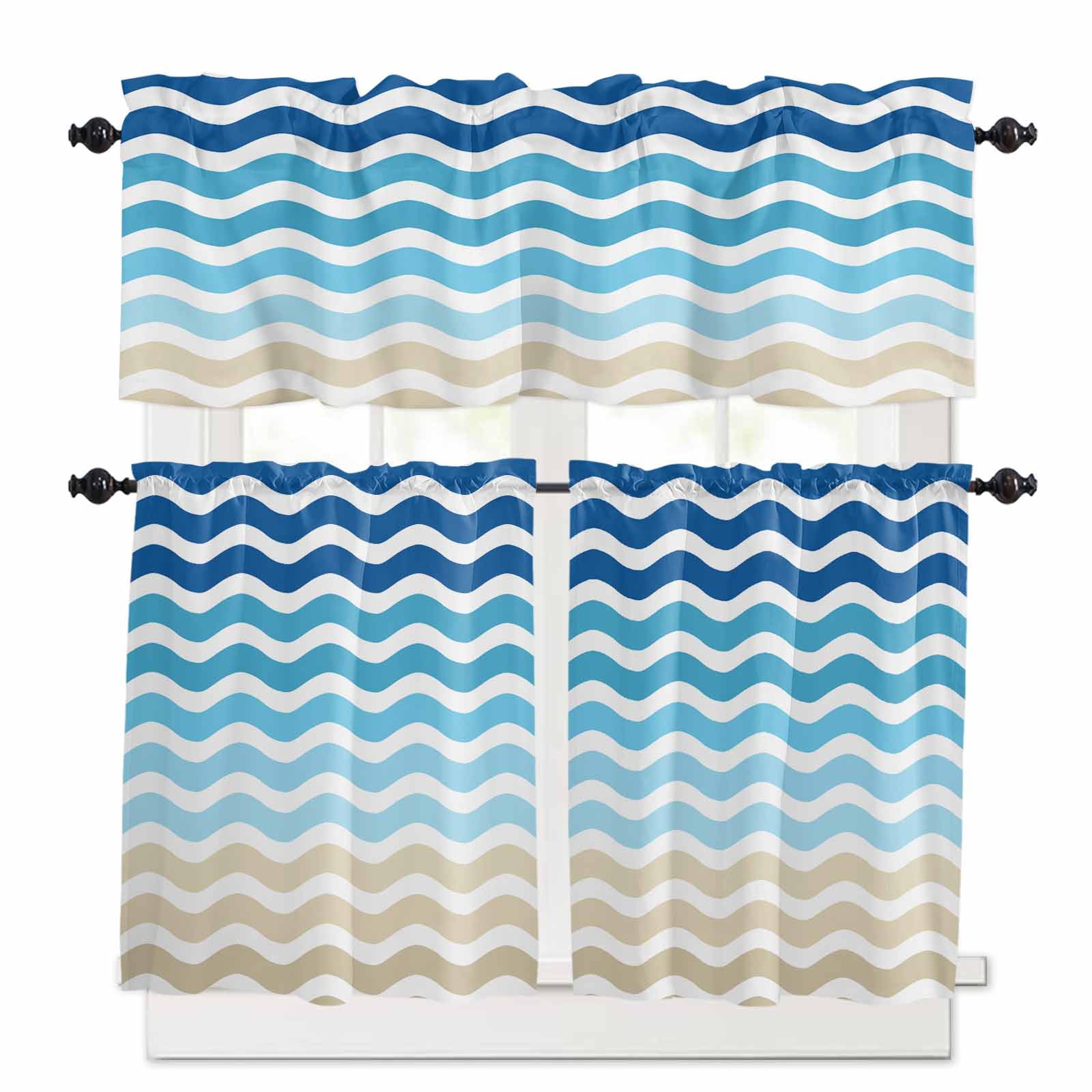 Blue Brown Stripes Kitchen Curtains Set for Windows 3 Pieces,36 Inch