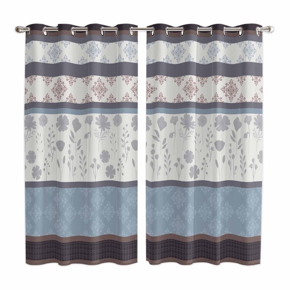Blue Brown Stripes Kitchen Curtains Window Panels, Abstract Geometric Spring Flowers Country Insulated Window Treatment Curtain, Grommet Curtains for Bedroom/Living Room/Bathroom, 2 Piece 42"Wx63"L