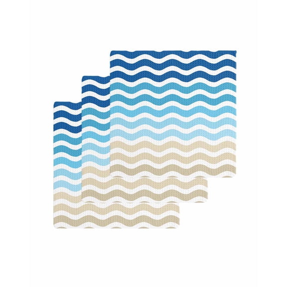 Blue Brown Stripes Kitchen Dish Towels for Drying Dishes Set of 3, Abstract Geometric Ombre Wave Stripe Waffle Weave Microfiber Terry Hand Tea Bathroom Towels Quick Dry & Absorbent Towel 12x12