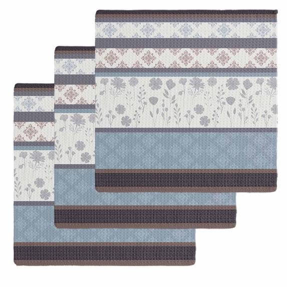 Blue Brown Stripes Kitchen Dish Towels for Drying Dishes Set of 3, Abstract Geometric Spring Flowers Country Waffle Weave Microfiber Hand Tea Bathroom Towels Quick Dry & Absorbent Towel 12x12