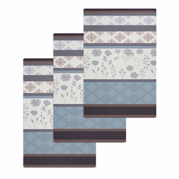 Blue Brown Stripes Kitchen Dish Towels for Drying Dishes Set of 3, Abstract Geometric Spring Flowers Country Waffle Weave Microfiber Hand Tea Bathroom Towels Quick Dry & Absorbent Towel 15.7x23.6