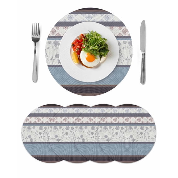 Blue Brown Stripes Round 13 Inch Placemats Set of 4, Abstract Geometric Spring Flowers Country HeatResistant Non Slip Place Mats for Dining Table, Wipeable Braided Kitchen Table Mats for Housewarming