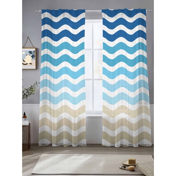 Blue Brown Stripes Sheer Curtains for Living Room Bedroom Abstract Geometric Ombre Wave Stripe Sheer Curtains 84 Inch Long 2 Panels Set Light Filtering Curtain Window Treatments Drapes