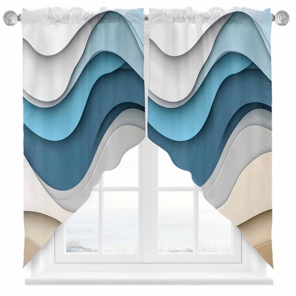 Blue Brown Swag Curtain Valance for Windows, Gradient Wave Abstract Water Ripple Modern Window Treatments Short Swag Topper for Kitchen Windows Bathroom Bedroom, 36"x63"