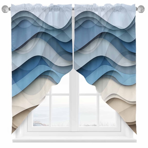 Blue Brown Swag Curtain Valance for Windows, Gradient Wave Stripe Abstract Water Ripple Modern Window Treatments Short Swag Topper for Kitchen Windows Bathroom Bedroom, 36"x36"