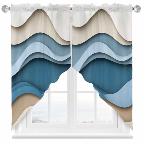Blue Brown Swag Curtain Valance for Windows, Ombre Water Ripple Abstract Wave Stripe Modern Window Treatments Short Swag Topper for Kitchen Windows Bathroom Bedroom, 36"x45"