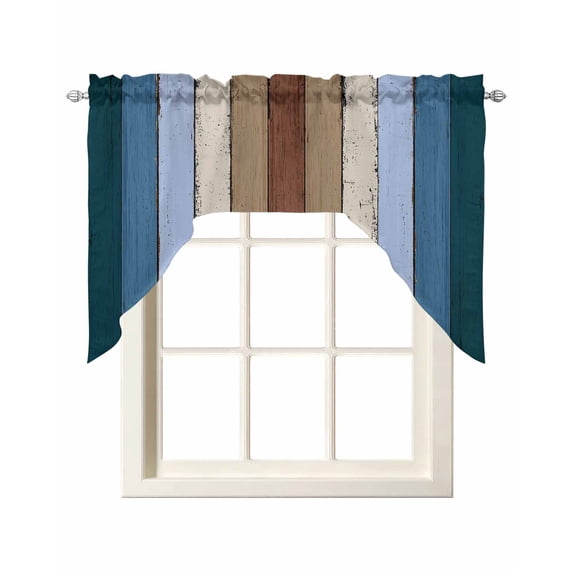 Blue Brown Swag Curtains for Kitchen Farmhouse Wood Grain Vintage Vertical Striped Valances for Windows Rod Pocket Small Window Treatment Short Topper for Cafe Bedroom Bathroom Decor 56x36 Inch