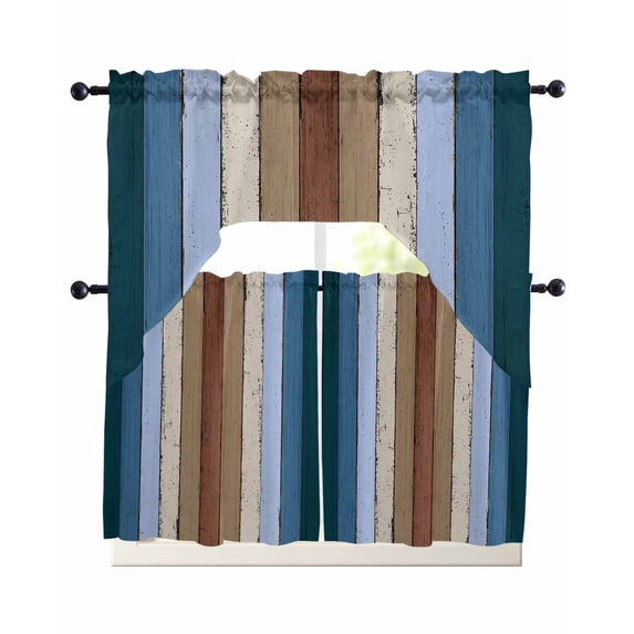 Blue Brown Swag Curtains for Living Room/Bedroom Windows, Farmhouse Wood Grain Vintage Vertical Striped Kitchen Curtains and Valances Set 36 Inch Length, Light Filtering Swags Valance Curtain Panels