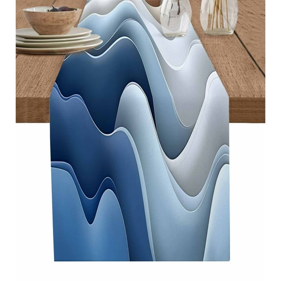 Blue Brown Table Runner 108 Inches, Aesthetics Moire Ombre Abstract Geometric Bed Runner Dresser Scarves Tabletop for Indoor Outdoor Parties/Ceremony/Banquet, 13"x 108"