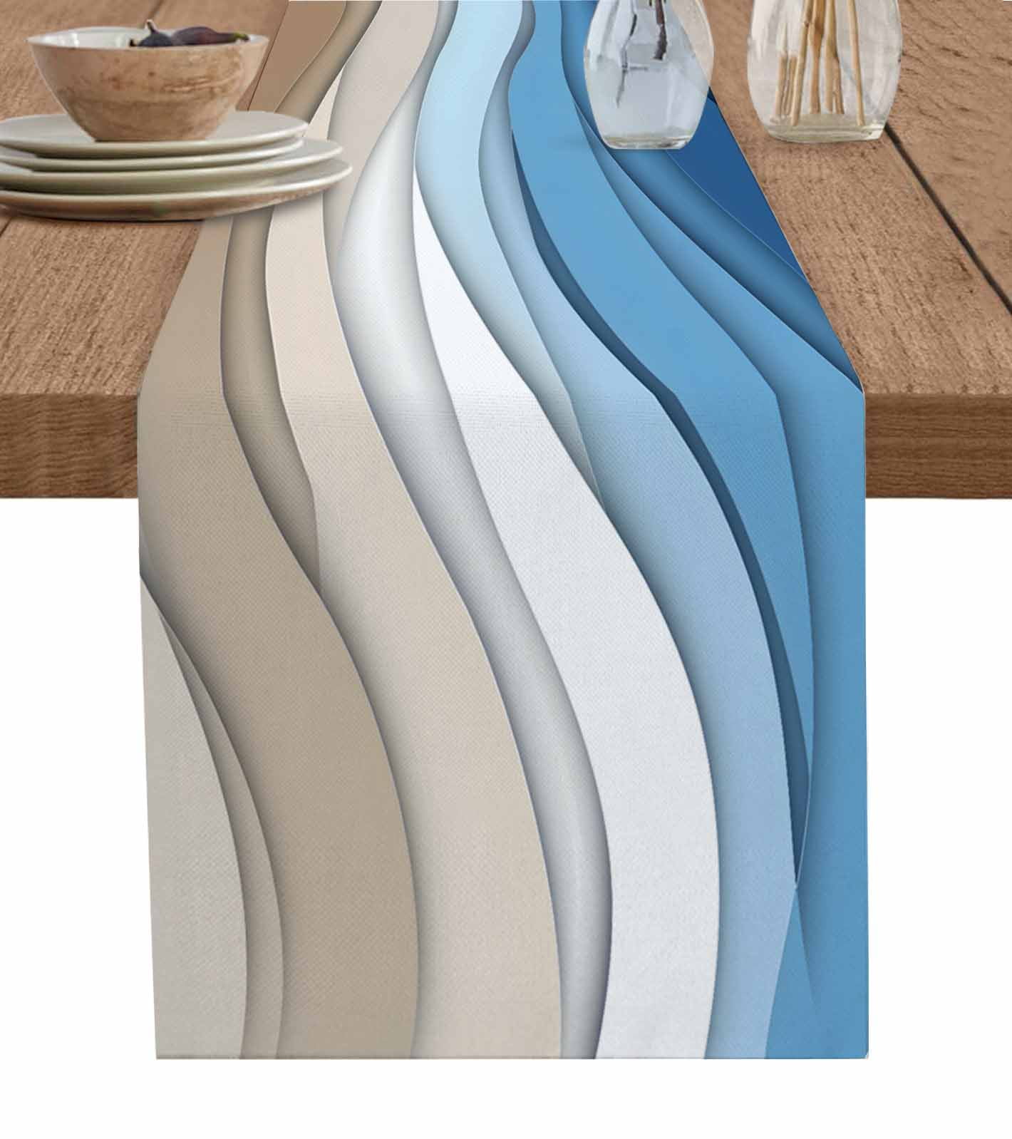 Blue Brown Table Runner 72 Inches, Gradient Geometric White Water ...