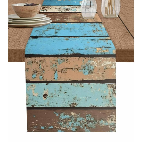 Blue Brown Table Runner-Cotton Linen- 120 Inch Holiday Dresser Scarves, Shabby Chic Vintage Farmhouse Wood Grain Tablerunner for Kitchen Coffee/Dining Bedroom Living Room Dinner Scarf Décor 13x120