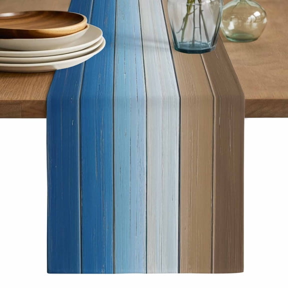 Blue Brown Table Runner, Gradient Wood Grain Farmhouse Country Washable Cotton Linen Table Runners 36 Inches Long, Dresser Scarf Runner for Nightstand/End Tables/Round Tables 13''x36''