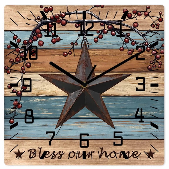 Blue Brown Texas Star Wooden Wall Clock Silent Non Ticking, Retro Country Star Farmhouse Wooden Square Wall Clocks Battery Operated, Decor Clock for Home Office, Living Room, Kitchen, 12 Inch