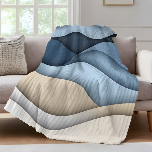 Blue Brown Throw Blanket for Couch Water Ripple Abstract Ombre Wave Stripe Modern Soft and Warm Flannel 3D Striped Fluffy Fuzzy Fleece Blanket Lightweight Throw for Bed, Sofa 60 x 80 Inches