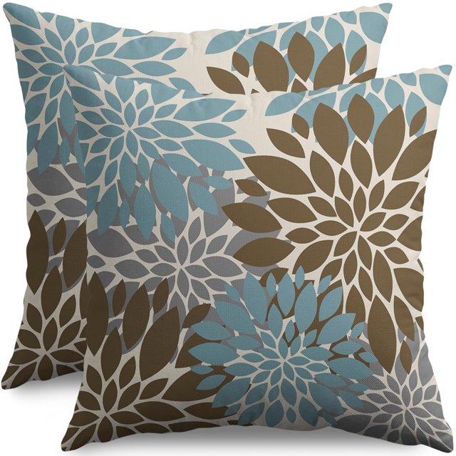Blue and Brown Throw Pillow Covers 18X18 Set of 2, Grey Gray Dahlia