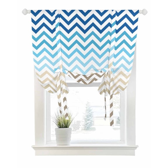 Blue Brown Tie Up Curtains for Window, Thermal Insulated Balloon Shade Adjustable Rod Pocket Curtains Valance Panels for Kitchen Bathroom Cafe 34 x 45 Modern Chevron Waves Khaki Geometric Stripes