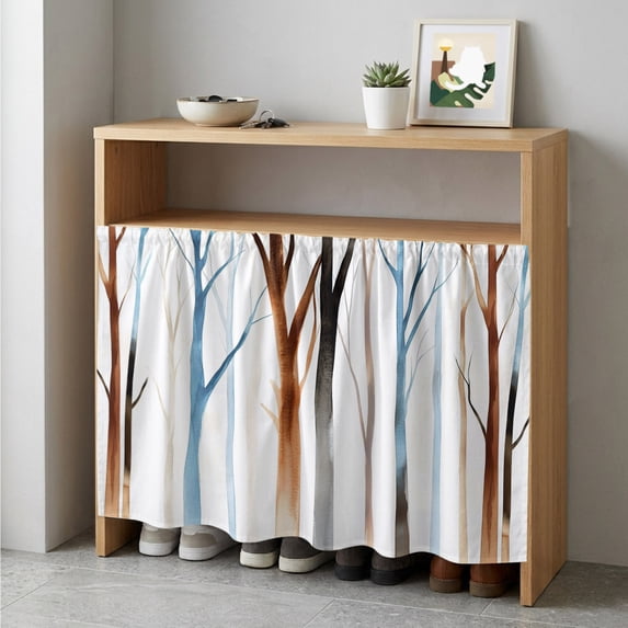 Blue Brown Tree Cabinet Curtain 35"Wx35"L, Dustproof Under Sink Skirt with Self Adhesive Tape, Watercolor Forest Art Cabinet Curtain Cover for Kitchen Sink, Bathroom Vanity, Laundry Room
