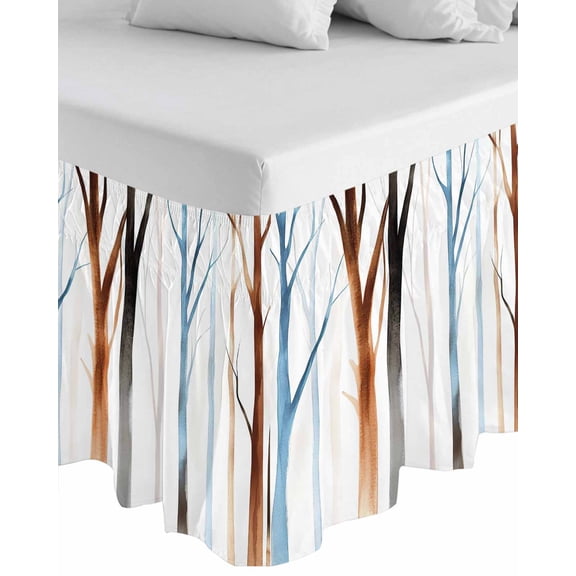 Blue Brown Tree Wrap Around Bed Skirts for Queen Bed 16" Drop, Bed Skirt with Adjustable Elastic Belt Dust Ruffle Bed Valance for Bedroom Hotel Luxury Watercolor Forest Art Bed Frame Cover