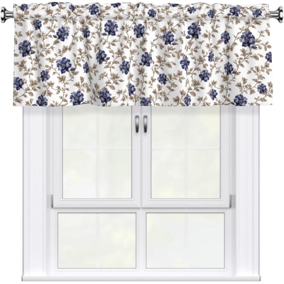 Blue and Brown Valances for Windows Navy Blue Tan Floral Kitchen Curtain Farmhouse Country Rustic Valance with Rod Pocket Light Filtering Polyester Valance 54 x 18 (Pack of 1), 1 Pack