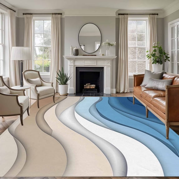 Blue Brown Washable Living Room Rugs 6'x9', Gradient Abstract Wave Geometric Modern Low Pile Throw Large Area Rug Non-Slip Sturdy Edge Binding Carpet for Dining Room Kitchen Office